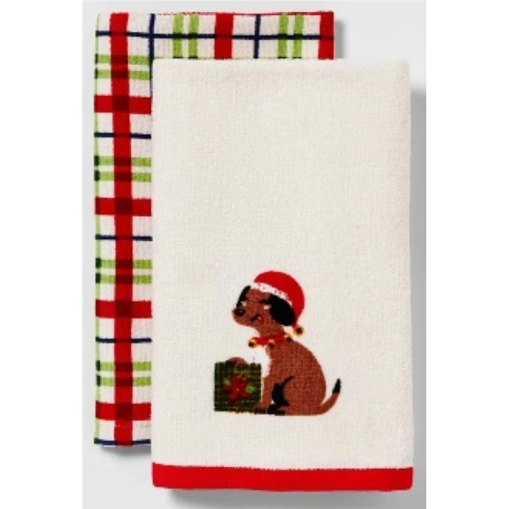 Threshold Christmas Puppy Dog and Plaid Cotton Hand Towel Set 2 Pack Red Green